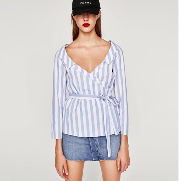 Zara Tops - Zara Striped Wrap Blouse with Belt in Blue and White Size XS NEW WITHOUT TAG!